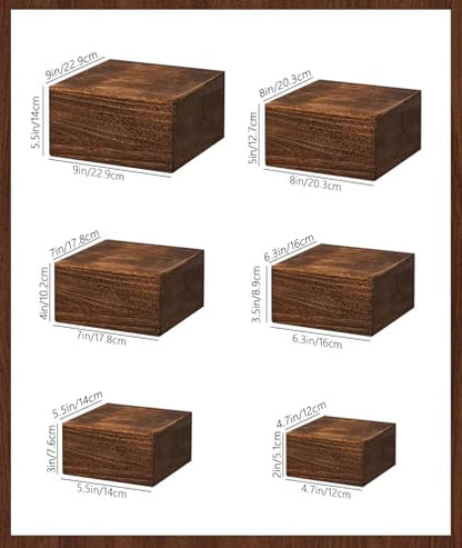 6 Pack Square Wooden Display Risers, Rustic Buffet Food Stands with Cards & Pens