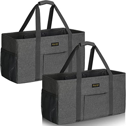 GhvyenntteS Extra Large Utility Tote Bag 2 Pack - Stand Up Utility Tote with Metal Wire Frame & Hard Bottom Board, Reusable Grocery Bags With Handles for Storage, Picnics, Beach, Laundry, Car, Camping - color: Grey-2 Pack
