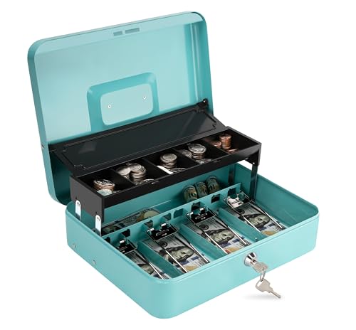 Cash Box with Key Lock & Auto-Pop Coin Tray – Secure Steel Money Box with 4 Upgraded Finger-Safe Bill Clips, Premium Smooth Scratch-Resistant Coating, 11.8"L x 9.5"W x 3.5"H, KL Teal - color: KL Teal