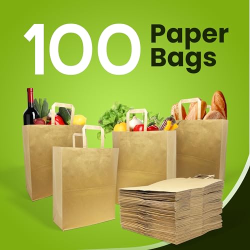 Reli. Paper Grocery Bags w/Handles | 100 Pcs Bulk Pack (12"x7"x14")