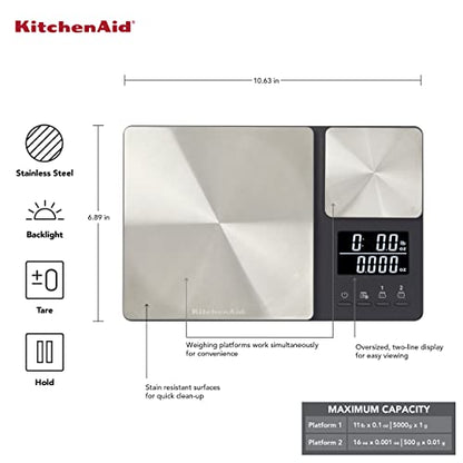 KitchenAid KQ909 Dual Platform Digital Kitchen and Food Scale, 11 pound capacity and Precision 16oz capacity, Black with Stainless Steel - color: Black
