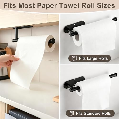 2‑Pack Paper Towel Holder Under Cabinet, Self Adhesive or Screw Mount - color: Black 2pc