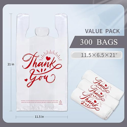 300 Pack Upgraded White Thank You T-Shirt Bags - 11.5"x6.5"x21" Reusable Grocery Bags with Handles, Eco-Friendly Retail Packaging for Supermarket & Small Business