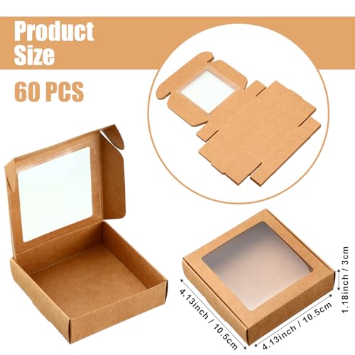 Zonon 60 Pcs Kraft Paper Boxes with Window 4.13 x 4.13 x 1.18 Inch (Brown) - color: Brown