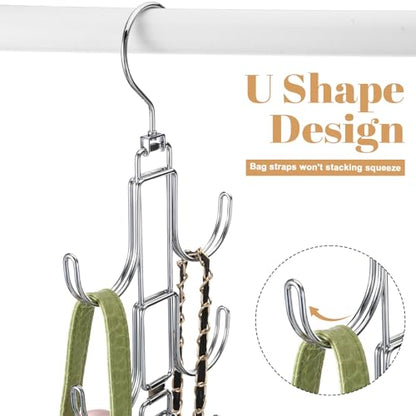 4 Pack Purse Organizer for Closet, Purse Hanger with 10 Big Hooks, 360 Degree Rotation Bag Holder for Organizer&Display, Foldable Space Saving Hangers Rack for Handbag, Belt, Scarf, Tie