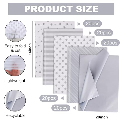 BEISHIDA 100 Sheets Silver White Tissue Paper Bulk for Gift Wrapping Bags - color: whitesilver