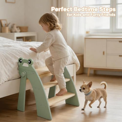 Wooden Step Stool for Toddlers, 3 Foldable Step Stool for Kids Bathroom Sink & Potty Training, Bamboo Toddler Stool with Green Frog Handles and Non-Slip Pads for Bedroom, Kitchen Helper - color: 3 Step Green
