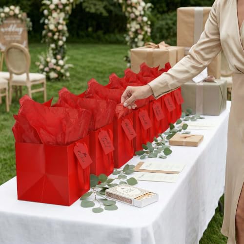 Papertide 24 Pack 8x8x8 inch Red Square Gift Bags with Tissue Ppaper - color: Red