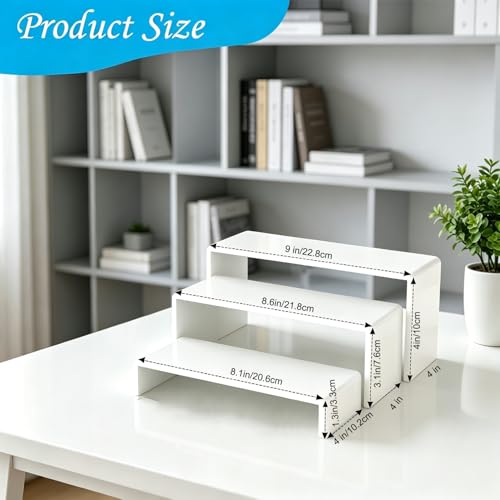 Wider 6 PCs White Acrylic Display Risers, 3 Tier Stand - color: White 4 Inch Wide 6 PCs
