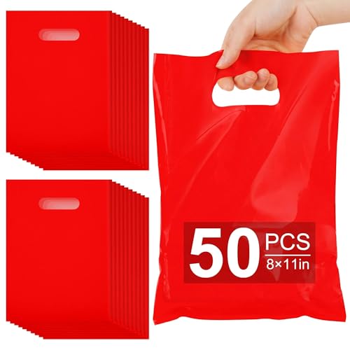 VieFantaisie 50 PCS Red Party Favor Bags, 8" x 11" Goodie Bags for Candy Treat Craft Easter Egg, Plastic Gift Bag with Die Cut Handles for Birthday Party, School Events & Small Business, Wedding - color: Red-50PCS-8x11Inch