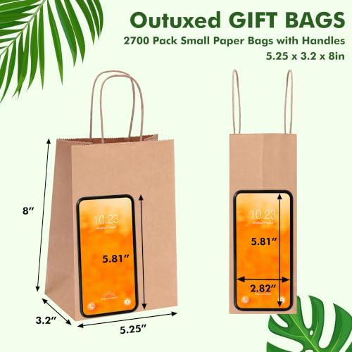 OUTUXED 2700pcs Small Gift Bags, Brown Paper Bags with Handles - color: Brown 5.25x3.2x8in, size: 1 Count (Pack of 2700)