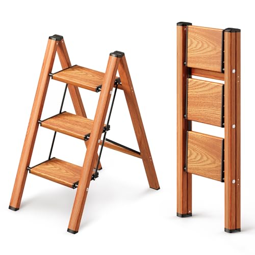 3 Step Ladder, Foldable Aluminum Step Stool with Anti-Slip Pedal - color: Woodgrain, size: 3 Step