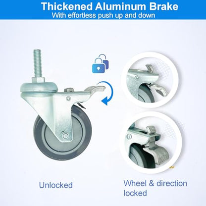 4 inch Swivel Caster Wheels Heavy Duty with Aluminum Brake, 3/8"-16x1 Threaded Stem Casters Set of 4, Polyurethane Grey PU Wheels for Hospital, Lab, Furnitures,Restaurant - color: Grey PU, size: 3/8"-16x1", style: 4 AL brake