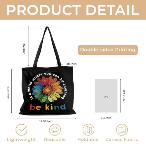Cute Canvas Tote Bag for Women, Book Totebag with Zipper Pocket - color: Flower Be Kind