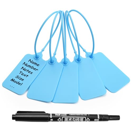 100 Blue Blank Plastic Tags for Labeling Waterproof Hanging Labels Writable Tags Seal Plastic Marking Label for Clothes Bags Keys Inventory with One Marker Pen - color: Blue, size: 100 PCS