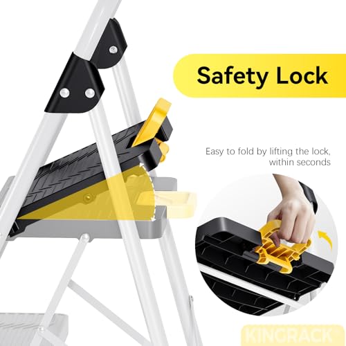 KINGRACK 3 Step Folding Ladder, 800lbs Capacity Step Stool with Safety Lock, Non-Skid Wide Pedals, and Handrail, Lightweight, Household Ladder for Home, Kitchen, Pantry, Closets, and Office Use, White - size: 3-STEP