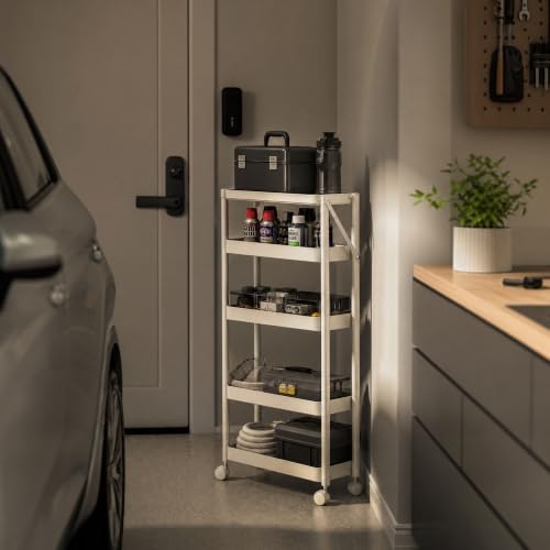 5 Tier Foldable Rolling Cart, Collapsible Storage Cart with Wheels - color: White, size: 4 Tier with Wooden Top