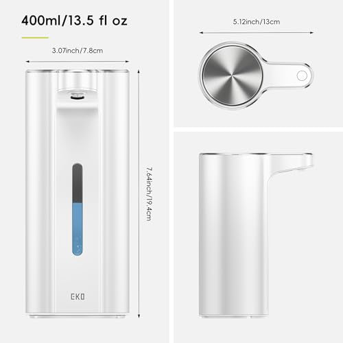 EKO Aroma Pro 13.5 fl oz Touchless Automatic Liquid Soap Dispenser, Rechargeable Electric Hand & Dish Soap Dispenser for Bathroom and Kitchen, IPX7 Waterproof, Adjustable Volume Control (White) - color: White, size: 13.5 oz
