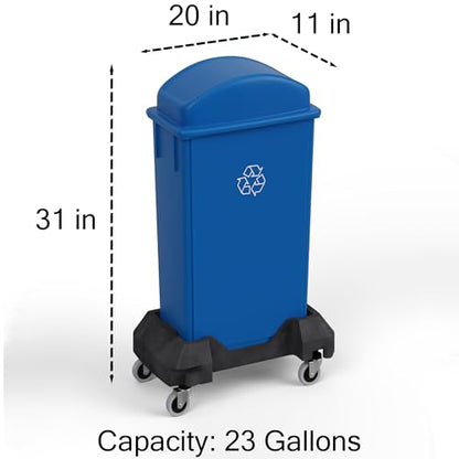 23-Gallon Blue Recycle Slim Trash Can with Swing Dome Lid and Dolly – Heavy-Duty Commercial Waste Bin with Mobile Dolly for Restaurants, Kitchens & Offices