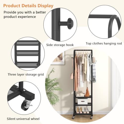 Kaitiemoo Clothing Rack, Mobile Garment Rack with Wheels & 3 Shelves, Blak - color: Black