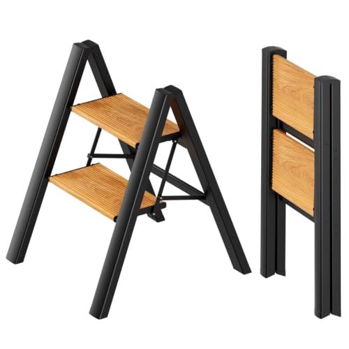 SOLADDER 2 Step Ladder, Folding Step Stool, Black & Woodgrain - color: Black&woodgrain, size: 2 Step