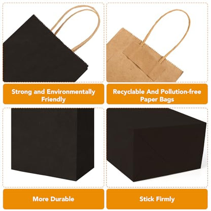 XPCARE Black Paper Bags with Handles, 100Pcs 5.25x3.25x8.25'' Kraft Bags - color: Black, size: 1 Count (Pack of 100)