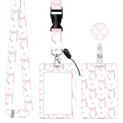 ID Badge Holder with Lanyard,Fashionable Retractable Badge Holders Reels with Lanyards Adjustable, for Women Kids Teacher Nurses Doctor Student(Cute Pink Ribbon Bow) - color: Cute Pink Ribbon Bow