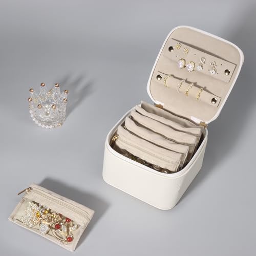 DesignSter Small Jewelry Box, Travel Small Jewelry Organizer with Earring Tray and Ring Holder, Square Travel Jewelry Storage Case with 6 Velvet Jewelry Pouches, Beige - color: Beige