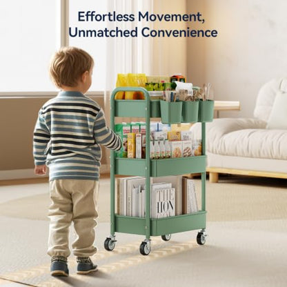 YASONIC 3-Tier Rolling Cart, Green, 66 Pounds Capacity, Mesh Storage Organizer with Lockable Wheels, 3 Hanging Cups, 4 Hooks, Easy Assembly, for Kitchen, Bathroom, Laundry, Grocery - color: Green