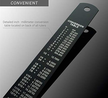 Steel Black Metal Ruler Set - 12, 8, 6 Inch Measuring Kit - Straight Edge Drafting Tool for Architects, Engineers, Crafts, Woodworking - Imperial and Metric Graduations - Protective Pouch Included