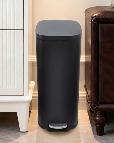 13 Gallon Stainless Steel Indoor Recycling Bin – Removable Inner Bucket, Soft-Close Step Pedal Lid, Fingerprint Resistant, Narrow Trash Can for Kitchen, Bathroom, Office, Black - color: Black