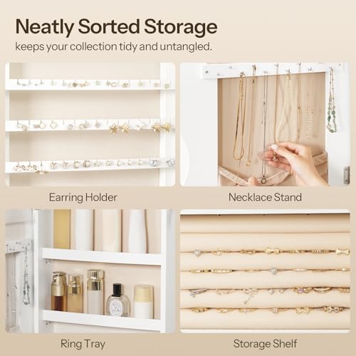 HOOBRO LED Mirror Jewelry Cabinet, Wall/Door Mounted Jewelry Organizer - color: White