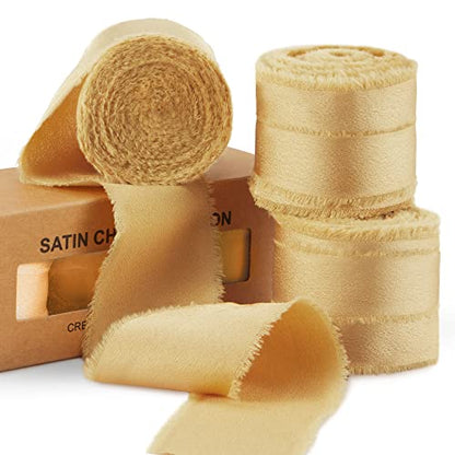 Keypan Gold Frayed Satin Chiffon Ribbon, 1.5 Inches, 21 Yards - color: Gold