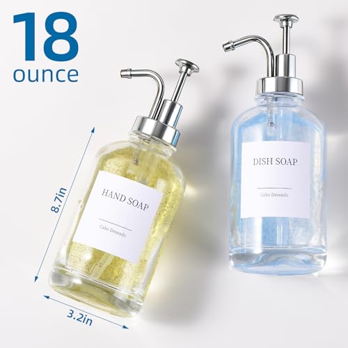 Glass Soap Dispenser with Pump, Dish and Hand Soap Dispenser for Kitchen Bathroom Set, Clear Glass Dispenser Set of 2 Pack with 18 Stickers Funnel Bamboo Tray 500ml 18oz / Each Bottle Sliver Pump - color: Glass+sliver Pump
