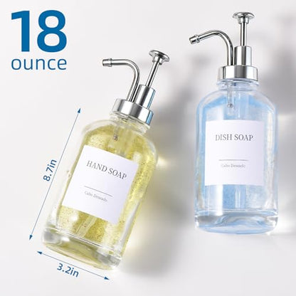 Glass Soap Dispenser with Pump, Dish and Hand Soap Dispenser for Kitchen Bathroom Set, Clear Glass Dispenser Set of 2 Pack with 18 Stickers Funnel Bamboo Tray 500ml 18oz / Each Bottle Sliver Pump - color: Glass+sliver Pump