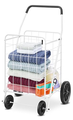 Whitmor Deluxe Utility Foldable Shopping Cart with Wheels, 100 Lb Capacity, Heavy Duty Grocery Cart with Steel Frame, Foam Handle, Rolling Folding Utility Trolley for Grocery, Laundry, Travel, White - size: 15.75"L x 17.75"W x 40.5"H, White