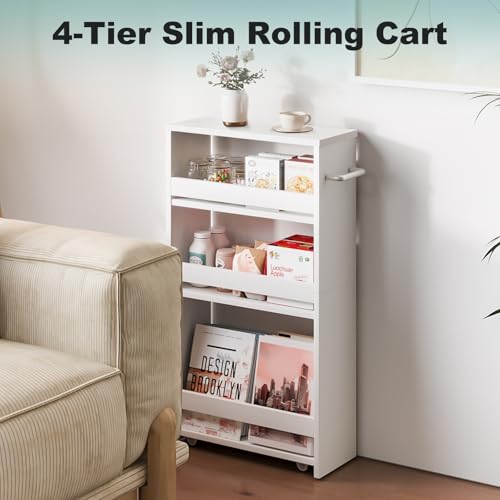 MARTY Slim Rolling Storage Cart, Wood Utility Kitchen Bathroom Laundry Cart - color: White, size: 5.51"D x 15.75"W x 31.5"H