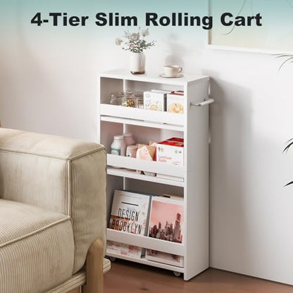 MARTY Slim Rolling Storage Cart, Wood Utility Kitchen Bathroom Laundry Cart - color: White, size: 5.51"D x 15.75"W x 31.5"H