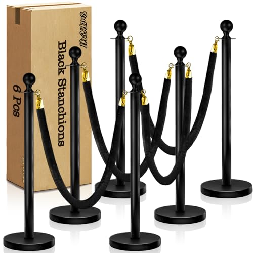 6 Pcs Black Stanchions with Velvet Ropes with 4 Pcs 5 Ft Black Velvet Ropes Carpet Ropes Posts Stanchion Set for Crowd Control Barriers for Weddings, Events, Hotels, and Party Decor - color: Black, size: 6