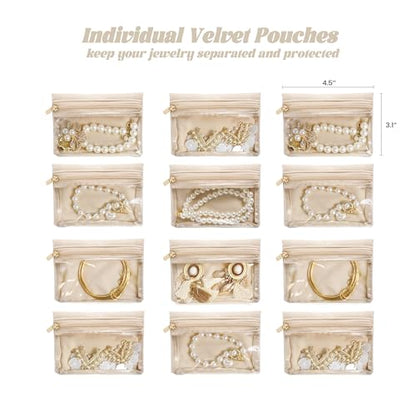 Travel Jewelry Case, Small Travel Jewelry Box with 12 Velvet Jewelry Bag Mini Pouch, Portable Travel Jewelry Organizer for Rings Earrings Necklaces (Beige 12 Pcs) - color: Beige 12 Pcs