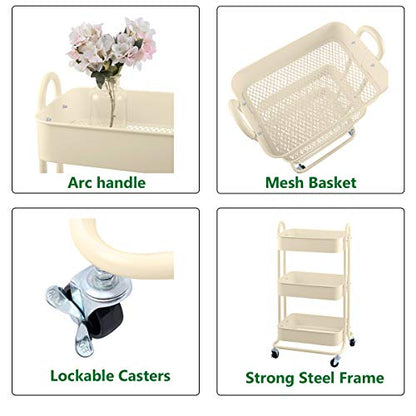Melody House 3-Tier Metal Mesh Utility Rolling Cart Storage Organization Cart with Wheels, Beige - color: A- Beige