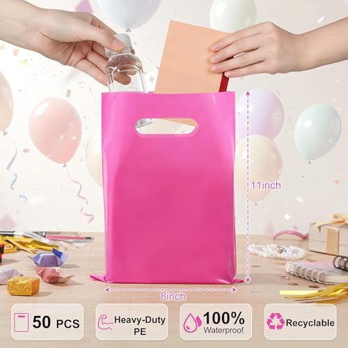 VieFantaisie 50 PCS Hot Pink Party Favor Bags, 8" x 11" Goodie Bags for Candy Treat Craft Easter Egg, Plastic Gift Bag with Die Cut Handles for Birthday Party, School Events & Small Business, Wedding - color: Hot Pink-50PCS-8x11Inch