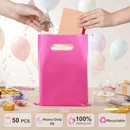VieFantaisie 50 PCS Hot Pink Party Favor Bags, 8" x 11" Goodie Bags for Candy Treat Craft Easter Egg, Plastic Gift Bag with Die Cut Handles for Birthday Party, School Events & Small Business, Wedding - color: Hot Pink-50PCS-8x11Inch