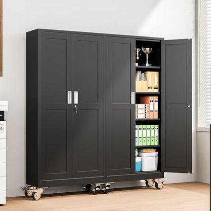 pozdeg 71" Black Lockable Rolling Metal Garage Storage Cabinet - color: Black, size: 14.96"D x 29.92"W x 71"H