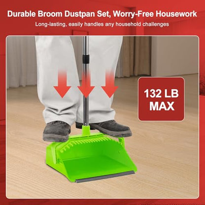 Broom and Dustpan Set for Home, 51" Long Handle Standing Pan Light Green - color: Green