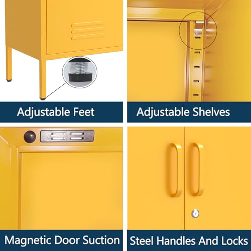 Metal Armoire Wardrobe Closet, 67" Tall Yellow Lockable Wardrobe Cabinet with 2 Doors, Hanging Rod and Adjustable Shelves, Steel Clothing Storage Cabinet for Bedroom, Home, Cloak Room, Gym, Office - color: Mustard, style: Wardrobe-67"H-JS