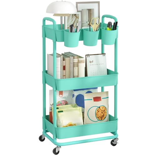 JIUYOTREE 3-Tier Plastic Rolling Storage Cart Utility Cart Green - color: Green, size: 3-Tier