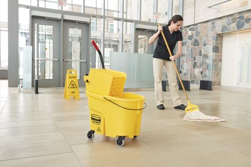 Rubbermaid Commercial Products WaveBrake 35 Qt. Side-Press Mop Bucket and Wringer Combo on Wheels Yellow for Professional/Industrial/Business Heavy-Duty Floor Cleaning/Mopping - size: 35 Qt.