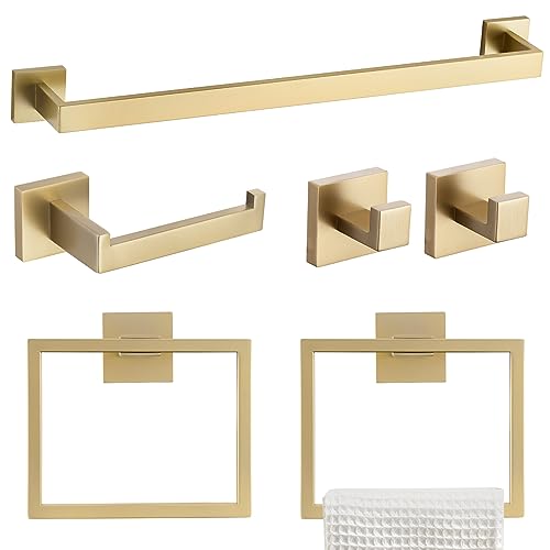 TQKAG 6-Piece Bathroom Towel Bar Sets Brushed Gold 23.6 inch Towel Bar Stainless Steel Towel Ring Coat Hook and Toilet Paper Holder Bathroom Hardware Set Wall Mounted Bathroom Accessories Kit - color: Brushed Dark Gold, size: 6-Pieces Set-A