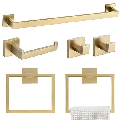 TQKAG 6-Piece Bathroom Towel Bar Sets Brushed Gold 23.6 inch Towel Bar Stainless Steel Towel Ring Coat Hook and Toilet Paper Holder Bathroom Hardware Set Wall Mounted Bathroom Accessories Kit - color: Brushed Dark Gold, size: 6-Pieces Set-A
